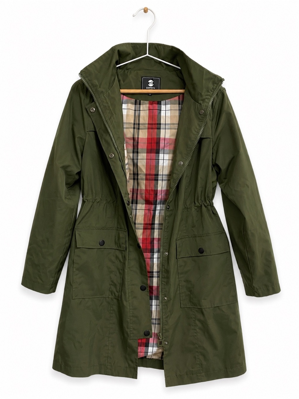 Women's Olive Green Hooded Trench Coat with Plaid Lining